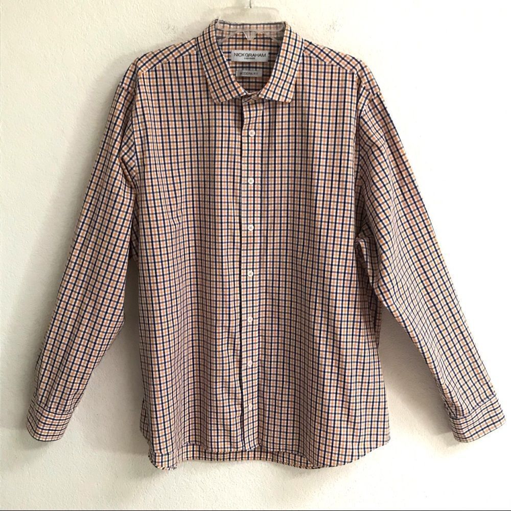 Nick Graham modern fit orange & blue plaid button down shirt XXL